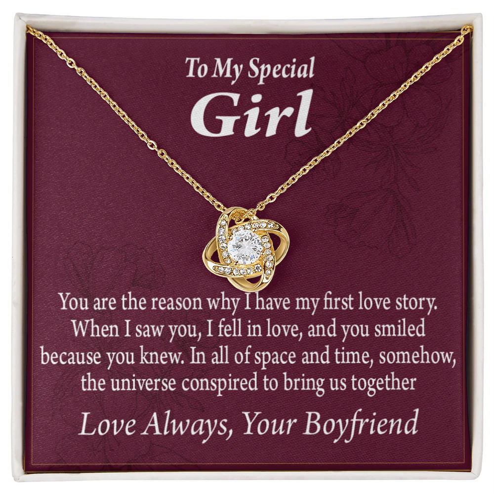 Girlfriend Our First Love Infinity Knot CZ Necklace Gold Tone Standard Box